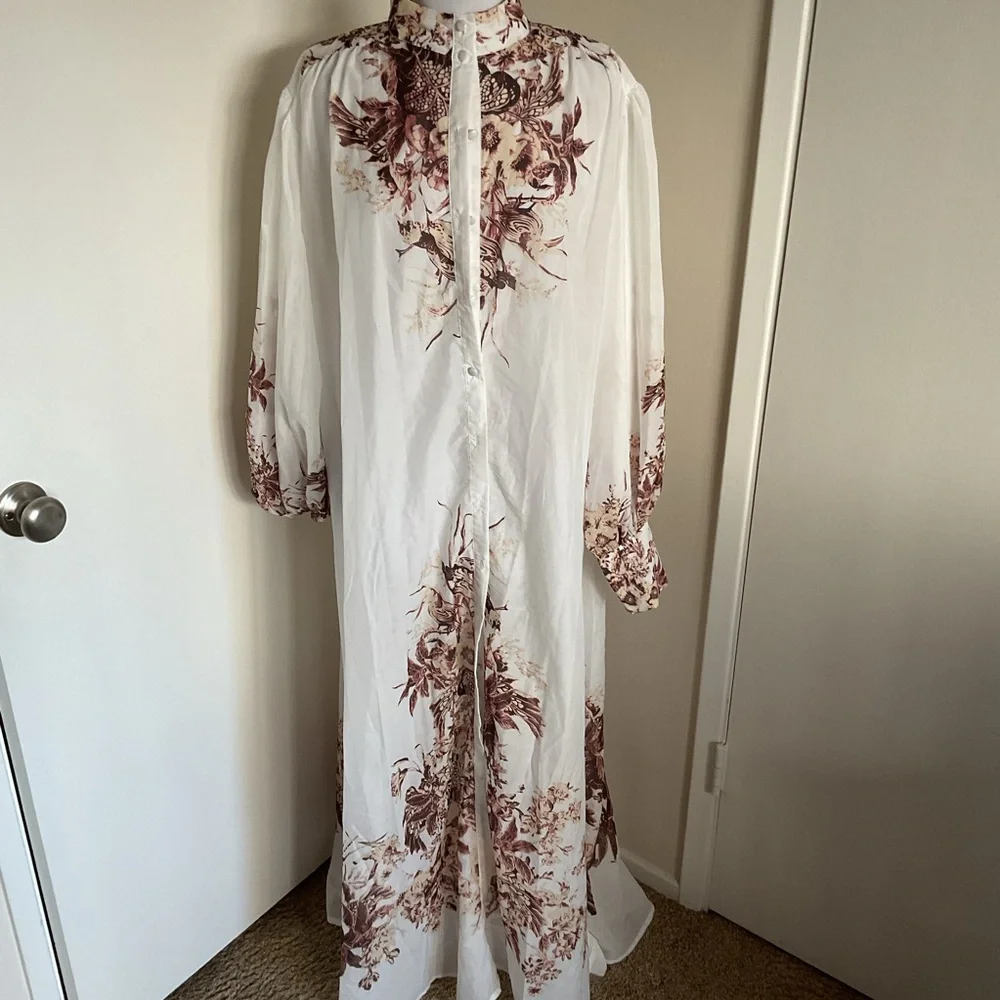Itoo Italy Floral Maxi Shirt Dress Sheer Long Sleeve Belted Size Large - Picture 5 of 11